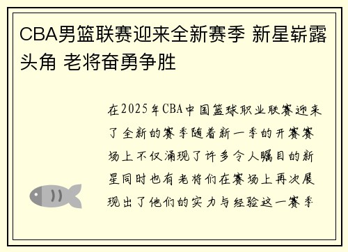 CBA男篮联赛迎来全新赛季 新星崭露头角 老将奋勇争胜