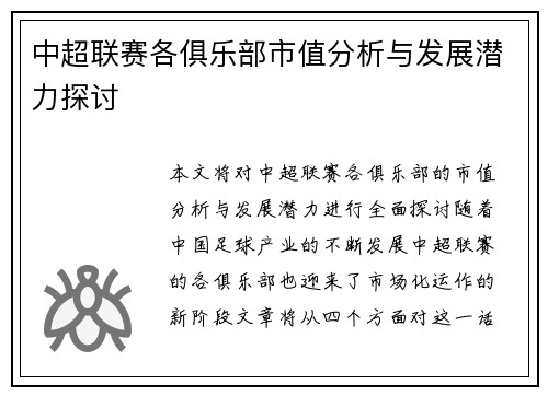 中超联赛各俱乐部市值分析与发展潜力探讨